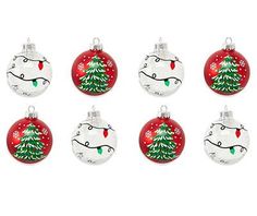 six red and white christmas bauble ornaments with green trees on the top, set of 6