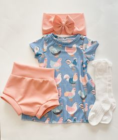 This adorable baby outfit set features soft and stretchy dress, bummies, head-wrap bow, and knee-high socks. Our dresses feature buttery soft knit fabric, perfect for babies delicate skin. Dresses are trendy, comfortable, and make the most adorable gift! 💕 THIS SET FEATURES: *Sizes 3 months through 4T *Made of a soft and stretchy knit fabric that is comfortable for baby while laying, sitting, crawling, playing! *This outfit can be purchased separately, or together as a set. *Each item is handma Cute Fitted Easter Sets, Playful Fitted Sets With Matching Headband, Chicken Dress, Baby Girl Outfit, Baby Skirt, Baby Pics, Spring Baby, Stretchy Dress, Baby Outfit