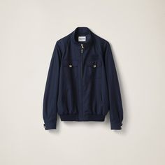 Navy Batavia Blouson Jacket | Miu Miu Miu Miu Long-sleeved Outerwear With Pockets, Miu Miu Long Sleeve Outerwear With Pockets, Miu Miu Winter Workwear Outerwear, Miu Miu Fall Outerwear, Miu Miu Outerwear For Fall, Luxury Cotton Outerwear With Pockets, Spring Miu Miu Outerwear For Work, Miu Miu Spring Outerwear For Work, Miu Miu Spring Workwear Outerwear