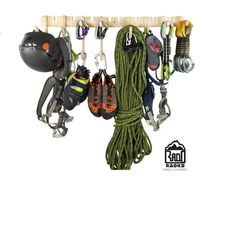 The Anchor climbing gear rack is a great way to store, organize, and display your climbing gear.Regular Size is 34" wide and comes with 8 total hooks (2 of each size)Mini Size is 18" wide and comes with 4 total hooks (1 of each size)Store all of your climbing, and mountaineering gear. Holds helmets, ropes, shoes, harnesses, and any other gear you have. Comes with modular cross bar with various sized hooksKeep your climbing equipment organized and ready for your next tripMade from beautiful Balti Climbing Gear Rack, Mountain Climbing Gear, Gear Room, Hiking Store, Sports Storage, Surfboard Rack, Climbing Equipment, Cross Bar, Gear Rack