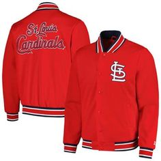 Add a fashion-forward piece of St. Louis Cardinals gear to your wardrobe with this Secret Weapon jacket from Starter. It features a full-snap closure and lightweight fabric for a stylish look that provides coverage from mild conditions. The St. Louis Cardinals graphics and two-tone design puts team spirit on full display. Full Snap Rib-knit striping on cuffs, collar and bottom hem Imported Officially licensed One interior pocket Long sleeve Brand: Starter Stand-up collar Lightweight jacket suita Busch Stadium, St Louis Cardinals, Mens Outerwear, Team Spirit, Lightweight Jacket, Cardinals, Mesh Fabric, Lightweight Fabric, St Louis