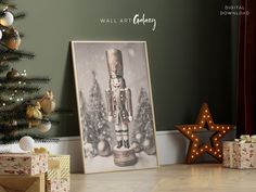 a christmas tree with presents under it in front of a wall art display featuring a nutcracker