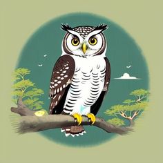 an owl sitting on top of a tree branch in front of a blue sky and green background