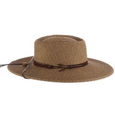 Classy gaucho style hat with flat brim, 4" wide. Sunken crown with straight sidewalls. Faux suede band with waxed cord tie accent. Faux leather chin strap. Adjustable drawstring inside crown. UPF 50+ sun protection hat. One size. 100% toyo braid Brown Braided Brimmed Panama Hat, Brown Western Boater Hat With Wide Brim, Western Style Brown Wide Brim Boater Hat, Brown Wide Brim Western Boater Hat, Brown Braided Hat With Curved Brim, Adjustable Brimmed Leather Panama Hat, Adjustable Brown Straw Hat With Short Brim, Brown Braided Fedora Sun Hat, Adjustable Brown Boater Hat With Flat Crown