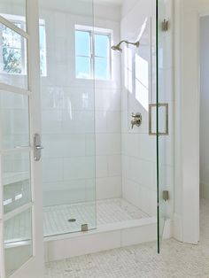 a walk in shower sitting inside of a bathroom