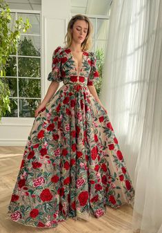 Floor-length Floral Print Organza Dress, Elegant Floral Print Organza Gown, Floral Print Ball Gown For Wedding, Organza Dress With Floral Print For Evening, Elegant Red Gown With Floral Embroidery, Elegant Floral Print Organza Maxi Dress, Elegant Organza Maxi Dress With Floral Print, Elegant Rose Print Maxi Dress For Garden Party, Floor-length Organza Maxi Dress For Garden Parties