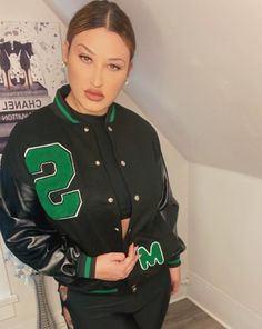 Faux Leather Sleeve Varsity Jacket w/ Green Trims. Model is wearing a Medium Fitted Leather Varsity Jacket With Long Sleeves, Varsity Leather Jacket With Long Sleeves, Green Long Sleeve Varsity Jacket, Green Fitted Varsity Outerwear, Team-colored Sporty Varsity Jacket, Blazer Pattern, Leather Sleeve, Dope Outfits, Varsity Jacket