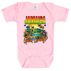 Rapunzie's vibrant and culturally inspired "Jamaica Good Living?" Baby Onesie, designed to celebrate the spirit and beauty of Jamaica! Crafted with care and made from 100% cotton, this onesie ensures ultimate comfort and breathability for your baby's delicate skin. Featuring a captivating graphic of the island of Jamaica, this onesie showcases the iconic shape and charm of this Caribbean paradise. The high-quality printing brings the design to life, capturing the lush greenery, sandy beaches, an Pink Cotton Printed Onesie, Pink Printed Cotton Onesie, Pink Cotton Onesie With Graphic Print, Summer Short Sleeve Onesie With Custom Print, Multicolor Short Sleeve Cotton Bodysuit, Multicolor Cotton Short Sleeve Bodysuit, Short Sleeve Cotton Onesie For The Beach, Pink Cotton Onesie With Custom Print, Summer Cotton Bodysuit With Graphic Print