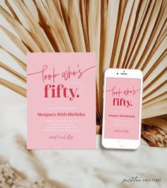 a pink birthday party card next to an iphone