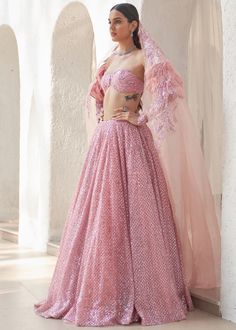 Embroidered blouse and lehenga with embroidered organza dupatta. Pink Organza Anarkali Set With Unstitched Blouse, Pink Organza Lehenga With Unstitched Blouse, Organza Choli With Resham Embroidery, Chanderi Sequined Sets For Reception, Floor-length Organza Choli For Reception, Organza Lehenga With Sheer Dupatta For Reception, Organza Dress With Unstitched Blouse, Organza Lehenga With Resham Embroidery, Embellished Anarkali Organza Choli