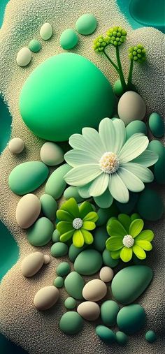 a painting of rocks and flowers in the sand with water droplets on them, as well as green leaves