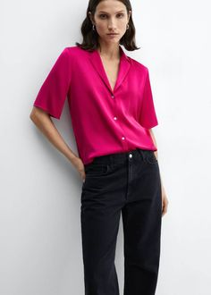 Silk V-neck Blouse With Button Closure, Sleek Tops With Lapel Collar, Elegant Formal Shirt With Johnny Collar, Elegant Johnny Collar Top For Work, Chic Collared Viscose Shirt, Chic Collared Shirt In Viscose, Elegant Johnny Collar Blouse, Semi-formal V-neck Top With Button Closure, Elegant Spring Top With Johnny Collar