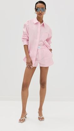 Alexander Wang Boyfriend Shirt with Logo Flag Tag | Shopbop Alexander Wang Outfit, Flag Tag, Azalea Wang, Shiny Clothes, Boyfriend Shirt, Pink Jacket, China Fashion, Spring 2024, Photoshoot Poses