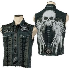 Heavy Metal Clothing, Battle Vest, Black Denim Vest, Skull Wings, Stage Clothes, Heavy Metal Fashion, Custom Leather Jackets