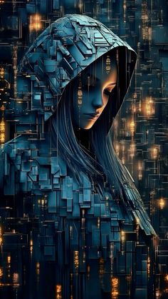 a digital painting of a woman wearing a hoodie in front of a cityscape