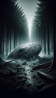 an alien ship floating in the middle of a forest