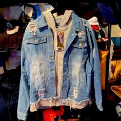 Brand New Thrill Jacket . With Tags Hooded Denim Blue Outerwear For Fall, Blue Hooded Denim Jacket For Fall, Diy Vest, Jean Jacket, Nike Shoes, Color Blue, Jackets & Coats, Jackets For Women, Brand New