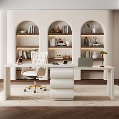 an office with white furniture and shelves filled with books, papers, and other items