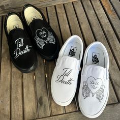 Till Death customized Black/Black Vans Slip Ons with the pinky promise hands.These Vans are perfect for a wedding gift for a bride and groom. Custom Made-to-Order shoes. Looking for these in white? Grab them here: https://bit.ly/48jAKLm We source each pair of blank shoes BRAND NEW from the Vans retail store. The ink is permanent and will never come off. Made in the USA. This price includes everything: shoes, artwork, and shipping. Please message us with any questions!Sizes listed are in US sizin Bride And Groom Custom Shoes, Wedding Shoes Outdoor Brides, Wedding Matching Shoes, Custom Wedding Vans, Bride Vans Shoes, Matching Shoes With Boyfriend, Wedding Vans Shoes, Bride And Groom Shoes, Vans Wedding Shoes