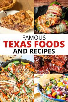 the cover of famous texas foods and recipes, with pictures of various dishes in it