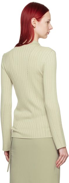 Rib knit rayon- and cotton-blend cardigan. · Spread collar · Button closure · Mother-of-pearl hardware Supplier color: Light green Elegant Turtleneck Cardigan For Spring, Elegant Spring Turtleneck Cardigan, Ribbed Turtleneck Cardigan For Spring, Chic Spring Turtleneck Cardigan, Spring Workwear Turtleneck Cardigan, Spring Turtleneck Cardigan For Workwear, Color Light, Mother Of Pearl, Light Green