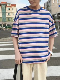 Wiaofellas - Hip Hop Striped T-shirt Men High Street Cec Harajuk Trend Short-sleeved Shirt Women Oversize Hong Kong Style Streetwear Size Suggest : Size S: weight 35kg-40kg, height 145-150cmSize M: weight 40kg-50kg, height 155-165cmSize L: weight 50kg-57.5kg, height 165-175cmSize XL: weight 57.5kg-65kg, height 170-175cmSize 2XL: weight 65kg-70kg, height 175-180cm Blue Half Sleeve T-shirt With Relaxed Fit, Multicolor Half Sleeve T-shirt For Summer, Striped Cotton Half Sleeve Tops, Casual Striped Crew Neck T-shirt, Casual Striped Crew Neck Shirt, Multicolor Relaxed Fit Half Sleeve Top, Multicolor Half Sleeve Relaxed Fit Top, Oversized Multicolor Short Sleeve Top, Multicolor Oversized Short Sleeve Tops