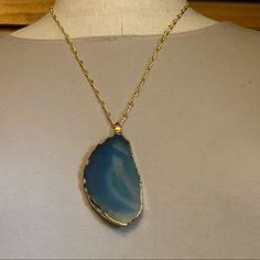 Beautiful Blue Sliced Agate Pendant With Electroplated Gold Edges Matching Brass Gold Plated Chain Necklace Total Length While Wearing Is 14” With The Pendant Being Approximately 2.75” In Length Blue Agate Gemstone Necklaces, Blue Agate Gemstone Necklace, Adjustable Blue Agate Necklace, Adjustable Blue Agate Necklaces, Blue Agate Jewelry With Large Stone, Blue Agate Necklace Gift, Blue Agate Necklace For Gift, Hand Crafted Jewelry, Brass Gold