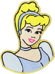 a cartoon character with blonde hair and blue dress is shown in the shape of a woman's head