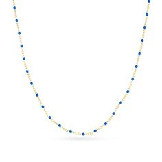 Elevate your attire with this beaded chain necklace. 14K gold Small cobalt blue enamel beads are stationed at regular intervals along the link chain 2.3mm width 17.0- to 18.0-inch adjustable chain; spring-ring clasp Blue Dainty Chain Necklace With Delicate Chain, Dainty Blue Beaded Necklaces With Delicate Chain, Dainty Blue Chain Necklace With Delicate Chain, Blue Dainty Chain Necklace, Dainty Blue Beaded Necklace With Delicate Chain, Dainty Blue Delicate Chain Necklace, Dainty Blue Chain Necklace With Adjustable Chain, Dainty Blue Necklaces With Satellite Chain, Dainty Blue Necklace With Satellite Chain