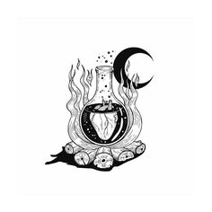 an ink drawing of a bottle with fire coming out of it and the moon above