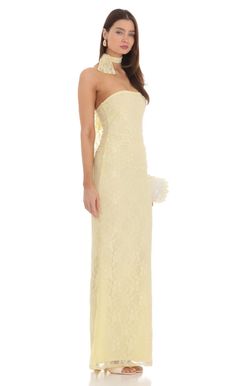 Scarf Lace Maxi Dress in Yellow | LUCY IN THE SKY Gold Dresses Long Classy, Maxi Dress Winter Formal, Baby Yellow Prom Dress, Yellow Floor Length Dress, Yellow Maxi Dresses, Pastel Yellow Maxi Dress, Graduation Dress Maxi, Prom Dresses With Scarf, Summer Wedding Guest Dress Formal