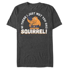 "Dug loves for you forever and SQUIRREL! Remember why you fell in love with Dug with the Pixar Up Dug Just Met You Squirrel Men's T-Shirt. Dug's quote \"Hi There I Just Met You & Squirrel\" is printed in distressed white with Dug on this funny men's Up shirt. Size: 3XL.  Color: Gray.  Gender: male.  Age Group: adult.  Pattern: graphic." Movie Logo, Disney Pixar Movies, Disney Pixar Up, Disney T, Man Up, Disney Tshirts, Slim Fit Shorts, Hi There, My Name Is