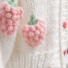 Thick chunky knit cropped cardigan with puffy crochet strawberry pom poms. Each sweater weighs about 900g / 2lbs. 100% acrylic knit 24" across shoulders, 44" chest, 16-17" length Cute Crochet Knit Sweater, Cute Chunky Knit Cardigan, Cute Cotton Chunky Knit Sweater, Cute Crochet Knit Cardigan, Cute Hand-knitted Cardigan, Puffy Crochet, Strawberry Cardigan, Pretty Cardigans, Crochet Cardigans