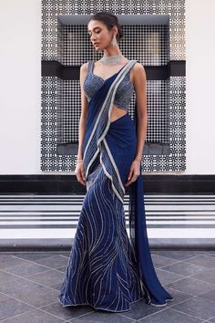 Buy Charu and Vasundhara Blue Tussar Eliza Pre-draped Saree With Blouse Online | Aza Fashions Saree Net, Satin Outfits, Fish Cut, Leaf Sleeve, Draped Saree, Saree Draping, Modern Saree, Draping Fashion, Saree Gown