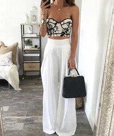 White Fashion High Waist Long Pants on Storenvy Linen Pants Outfit, High Waisted Wide Leg Pants, Pantalon Large, Looks Style, White Pants, White Fashion, Long Pants, Classy Outfits, Summer Women