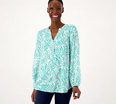 This sassy tunic is so ready to join your everyday fashion rotation and give it the stylish boost it needs. From Susan Graver. Casual Green Split Neck Top, Casual Stretch Top With Split Neck, Fall Split Neck Tunic, Casual Stretch Tunic, Casual Green Tunic For Fall, Versatile Spring Tunic, Casual Stretch Tunic For Spring, Spring Casual Tunic For Workwear, Spring Casual Workwear Tunic