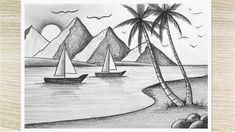 a drawing of sailboats on the beach with palm trees and mountains in the background