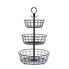 three tiered metal basket holder with umbrella hook on the top and bottom, black