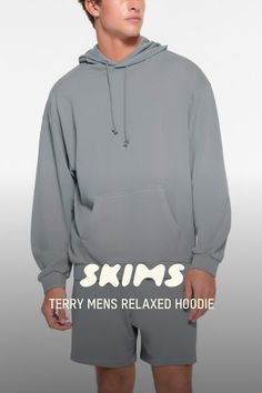 The perfect pullover. Made with 100% midweight cotton french terry, this long sleeve features a roomy, relaxed fit and dropped shoulders for supreme, wear-everywhere comfort between seasons. Includes a 2-ply drawstring hood, a front pocket, and ribbing at the cuffs and hem. Fits true to size. | SKIMS Mens Relaxed Hoodie | Blue | XS | Terry Relaxed Fit Sweats With Drawstring Hood For Lounging, Long Sleeve Hoodie With Drawstring For Lounging, Relaxed Fit Athleisure Hoodie For Lounging, Comfy Hoodie For Lounging With Relaxed Fit, Relaxed Fit Fleece Hoodie For Lounging, Relaxed Fit Hooded Sweats For Lounging, Relaxed Fit Hoodie Sweatshirt For Lounging, Relaxed Fit Long Sleeve Hoodie For Lounging, Comfortable Sweatshirt With Drawstring Hood For Lounging