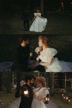 two people dressed up in wedding clothes, one is holding the other's hand