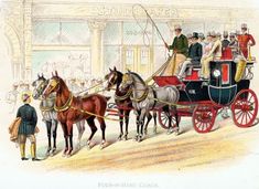 an old drawing of people riding in a horse drawn carriage