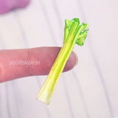 a tiny piece of celery being held in someone's hand