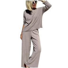 kf-Sf3f70d2360004c5d8e4d81fd087ba169m Beige Knit Loungewear Sets, Stretch Wide Leg Sets For Fall, Fall Stretch Wide Leg Sets, Fall Wide Leg Stretch Sets, High Waist Pants, Casual Sets, Knitted Jumper, Waist Pants, High Waisted Pants