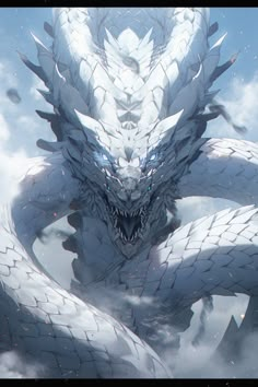 a large white dragon sitting on top of a cloud filled sky next to another creature