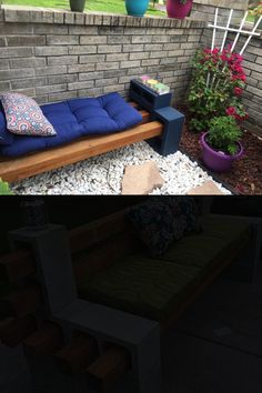 two photos side by side one has a couch and the other has flowers in it