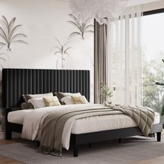 a bedroom with a large bed in the middle and a plant on the wall next to it