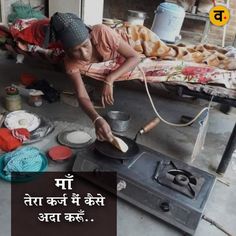 a woman cooking food on top of a stove in front of a pile of bread