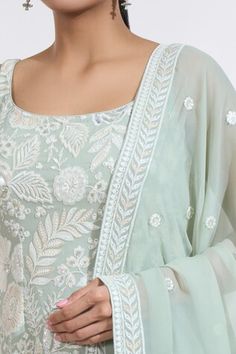 Mint green kurta with floral sequin and thread embroidery. Paired with a sharara and embroidered dupatta. - Aza Fashions Green Sharara With Floral Embroidery, Green Floral Embroidered Sharara, Fitted Green Choli Straight Kurta, Green Chikankari Embroidered Palazzo Set For Reception, Green Palazzo Set With Chikankari Embroidery For Reception, Spring Green Sharara With Floral Embroidery, Fitted Green Palazzo Set With Floral Embroidery, Green Sharara With Zari Work For Spring, Green Chikankari Embroidered Palazzo Set For Summer