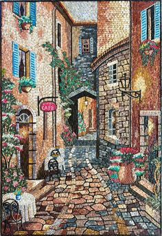 a painting of a cobblestone street in an italian village