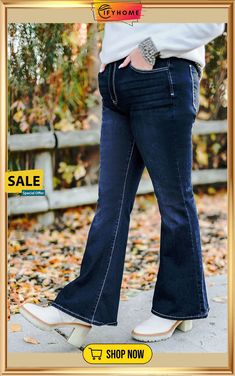 Blue Plus Size Deep Wash Mid-waist Flared Jeans Mid-rise Blue Bottoms For Fall, Non-stretch High Rise Pants For Fall, High-rise Denim Blue Bottoms For Fall, High Rise Denim Blue Bottoms For Fall, Dark Wash High-waisted Pants For Fall, Non-stretch Blue Bottoms For Fall, Stretch Denim Blue Pants For Fall, Fall High-waisted Denim Blue Pants, Dark Wash Full Length Pants For Fall